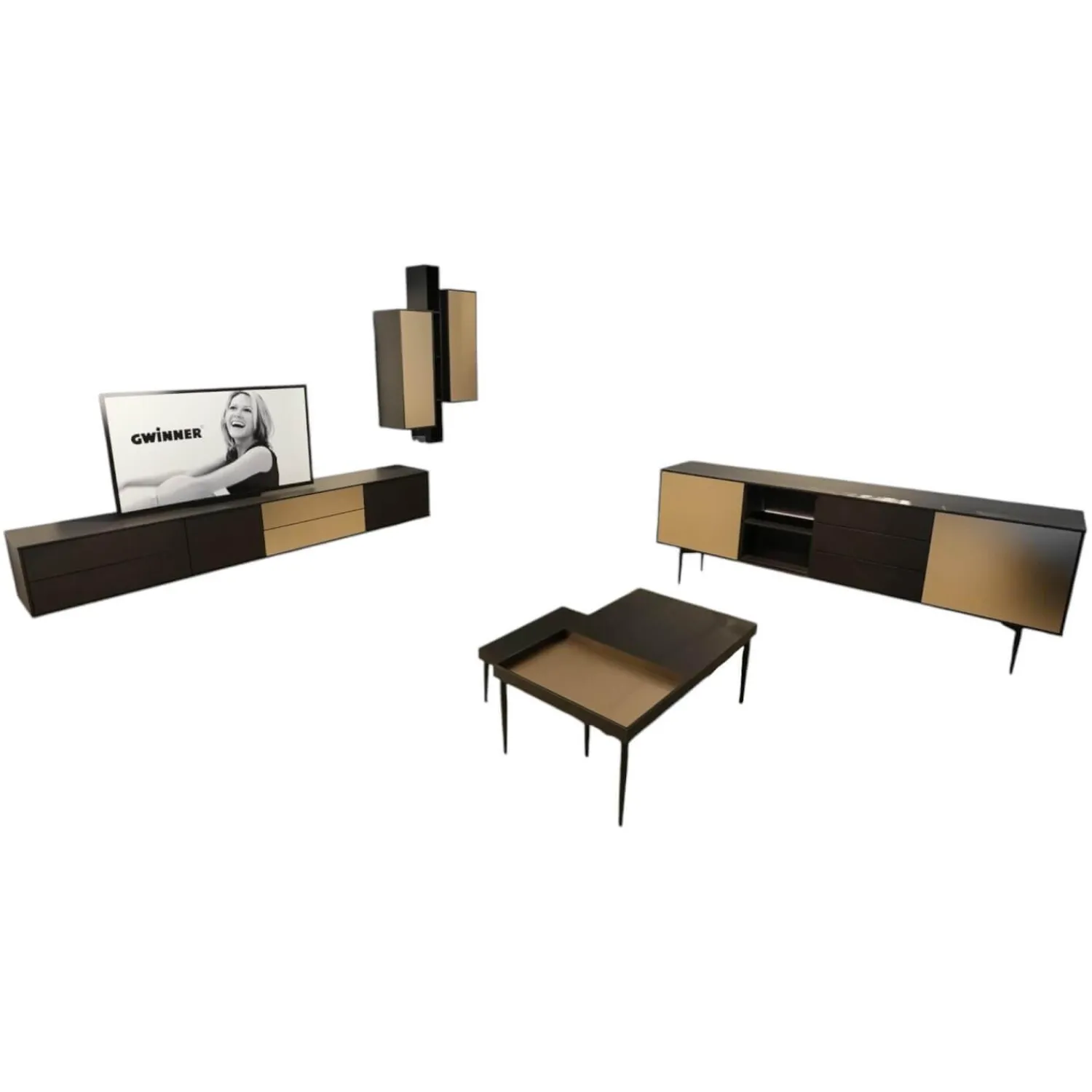 Gwinner Wohnwände & Tv-Lowboards|Wohnwand Bera Eiche Satin Terra Schwarz Gold Inklusive Sideboard Und Couchtisch