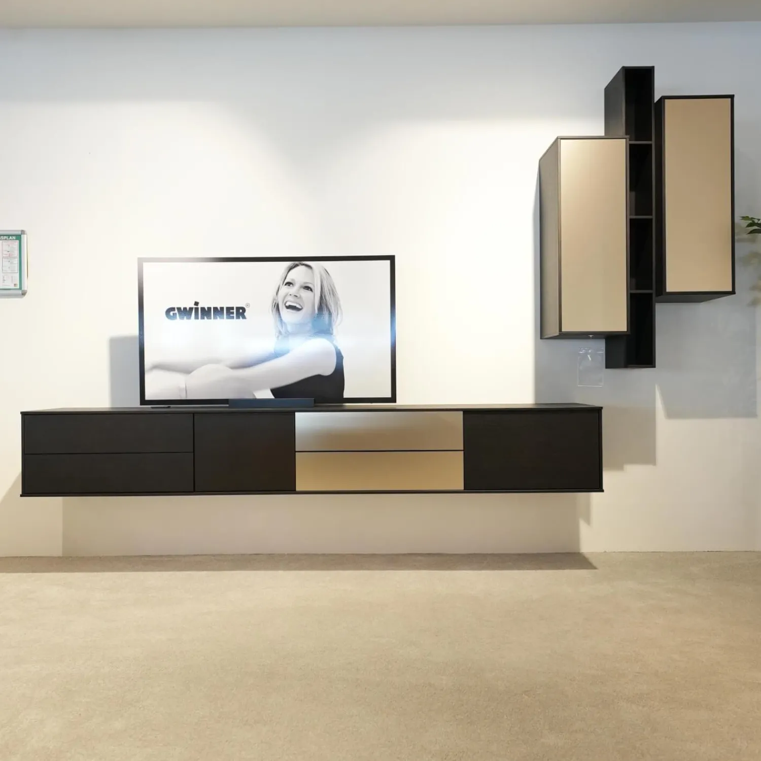 Gwinner Wohnwände & Tv-Lowboards|Wohnwand Bera Eiche Satin Terra Schwarz Gold Inklusive Sideboard Und Couchtisch