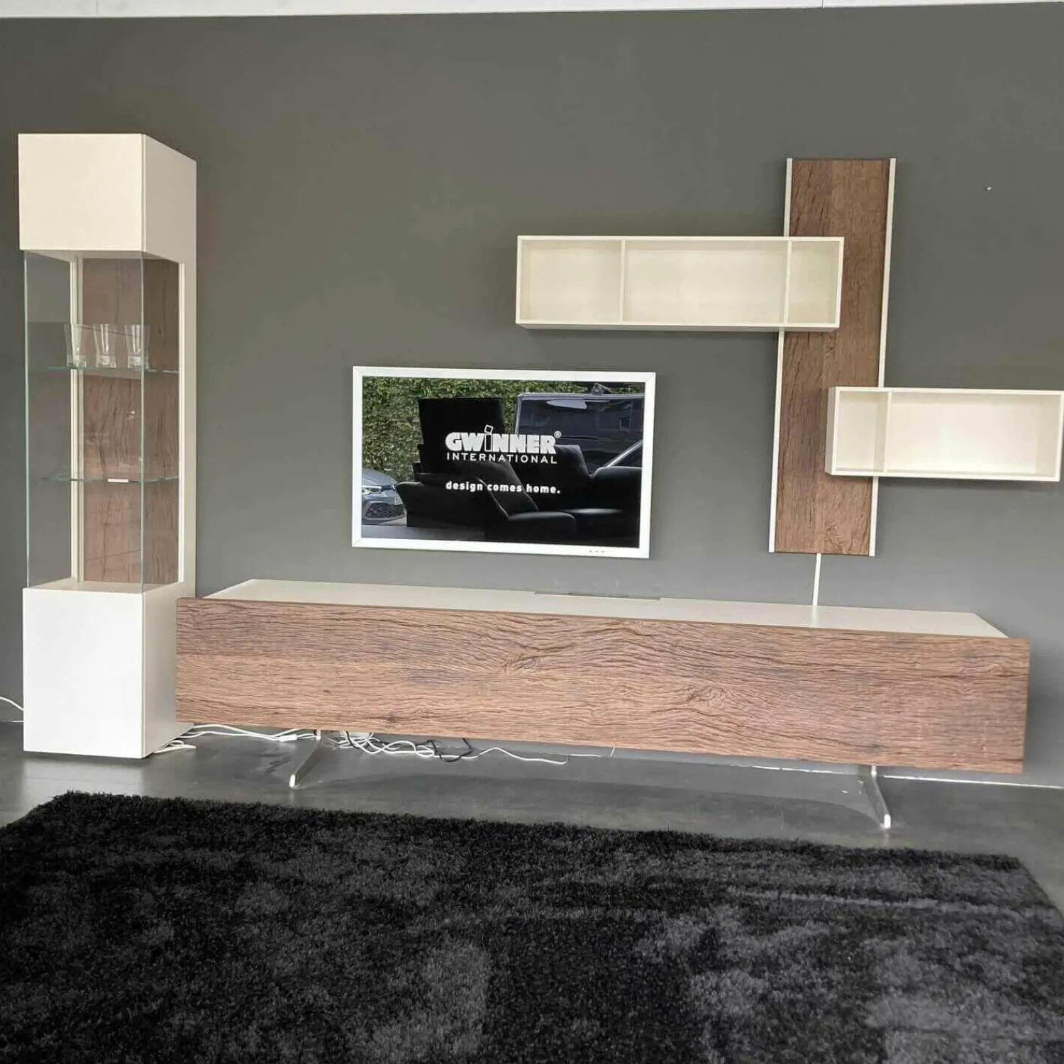 Gwinner Wohnwände & Tv-Lowboards|Wohnwand Bohle Lack Weiß Struktureiche Geräuchert mit Beleuchtung