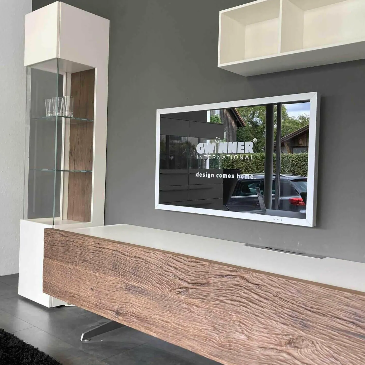 Gwinner Wohnwände & Tv-Lowboards|Wohnwand Bohle Lack Weiß Struktureiche Geräuchert mit Beleuchtung