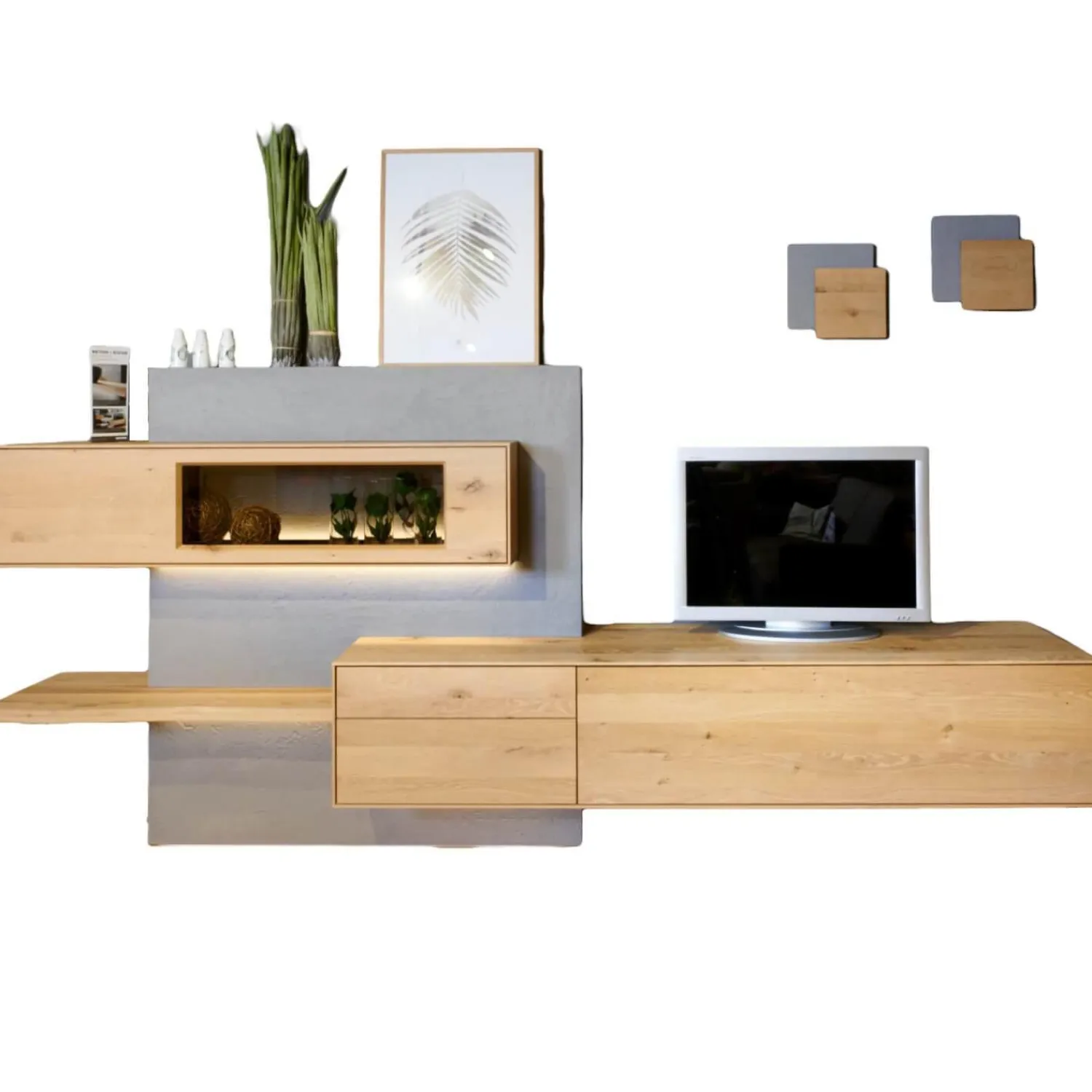 Hartmann Wohnwände & Tv-Lowboards|Wohnwand Brik Kerneiche Natur Massiv Akzente In Betonstein Inklusive 2 Wandleuchten