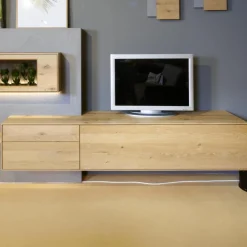 Hartmann Wohnwände & Tv-Lowboards|Wohnwand Brik Kerneiche Natur Massiv Akzente In Betonstein Inklusive 2 Wandleuchten