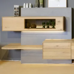 Hartmann Wohnwände & Tv-Lowboards|Wohnwand Brik Kerneiche Natur Massiv Akzente In Betonstein Inklusive 2 Wandleuchten