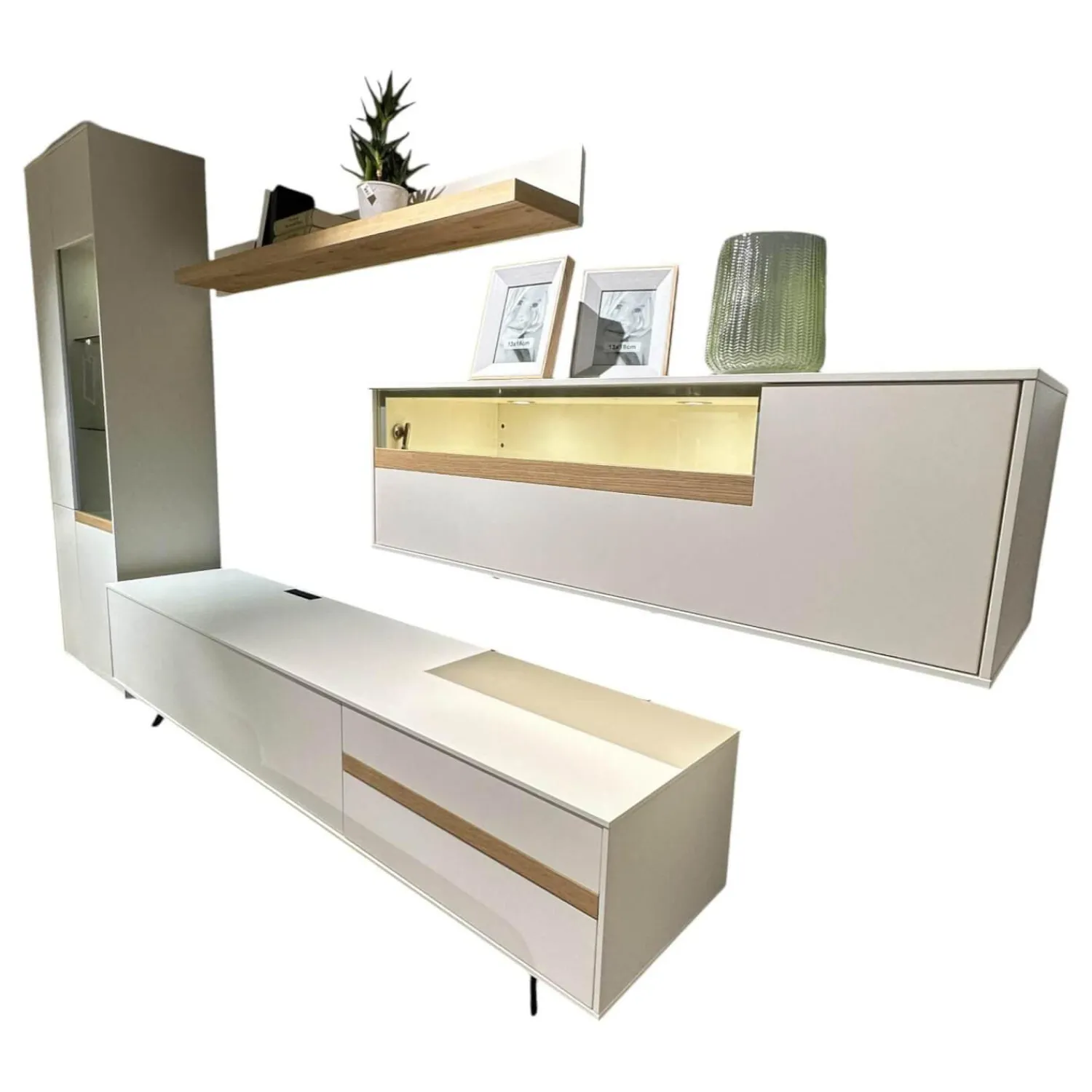 Gwinner Wohnwände & Tv-Lowboards|Wohnwand Calea Lack Seidenmatt Weiß Akzent Wildeiche Natur Mit LED Beleuchtung