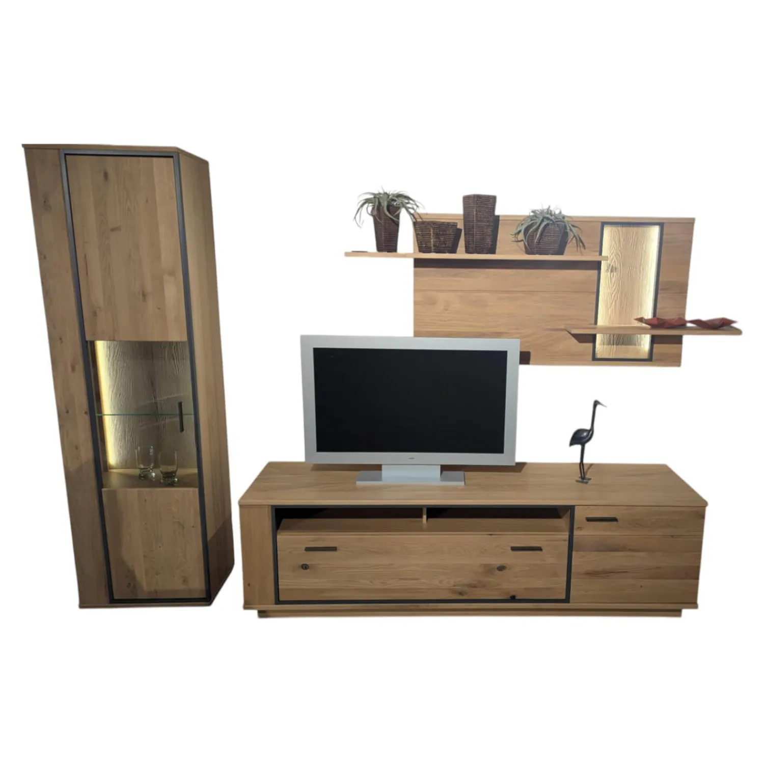 MCA Furniture Wohnwände & Tv-Lowboards|Wohnwand Campinas Asteiche Bianco Teilmassiv Metall Anthrazit