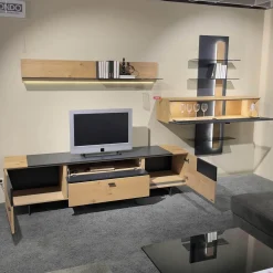 Mondo Wohnwände & Tv-Lowboards|Wohnwand Cantato 1006 Balkeneiche Natur Lack Seidenmatt Anthrazit Griff Anthrazit Fußgestell Metallverstärkung Mit LED Beleuchtung