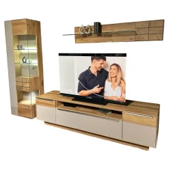 Decker Wohnwände & Tv-Lowboards|Wohnwand Carson Asteiche Massiv Bianco Geölt Akzent Glas Schlamm Grau Satiniert