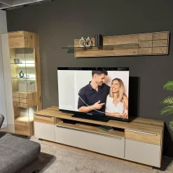 Decker Wohnwände & Tv-Lowboards|Wohnwand Carson Asteiche Massiv Bianco Geölt Akzent Glas Schlamm Grau Satiniert