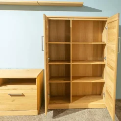 Wimmer Wohnwände & Tv-Lowboards|Wohnwand Casera 16 Rustikale Asteiche Hartwachsöl Bianco Geschliffen Klarglas Metallgriff Nickelfarbig Gebürstet Inklusive LED Beleuchtung