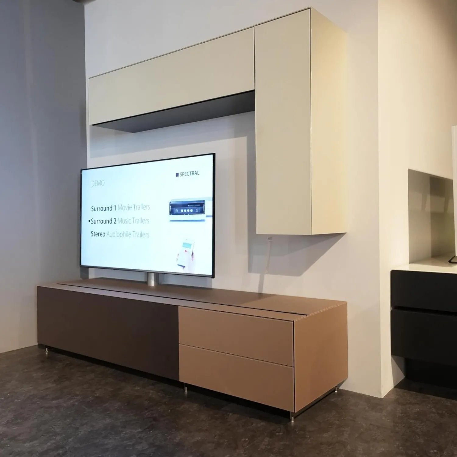 Spectral Smart Furniture Wohnwände & Tv-Lowboards|Wohnwand Cocoon Glas CAO Cacao Braun Satiniert Beige Stoff CF Schwarz Mit Soundsystem