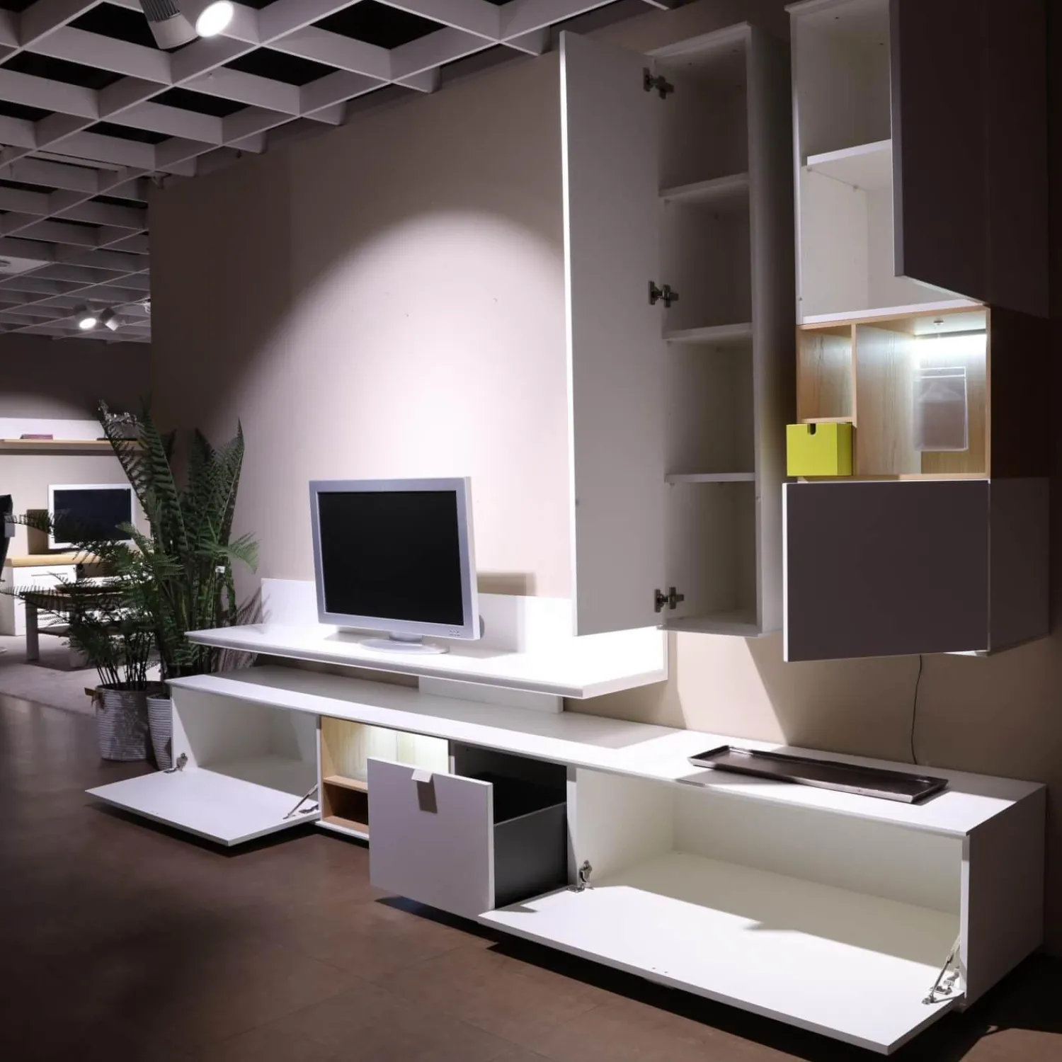 Global Wohnwände & Tv-Lowboards|Wohnwand Cordoba VZ 1060 Lack Weiß Nische Wildeiche Inklusive Beleuchtung