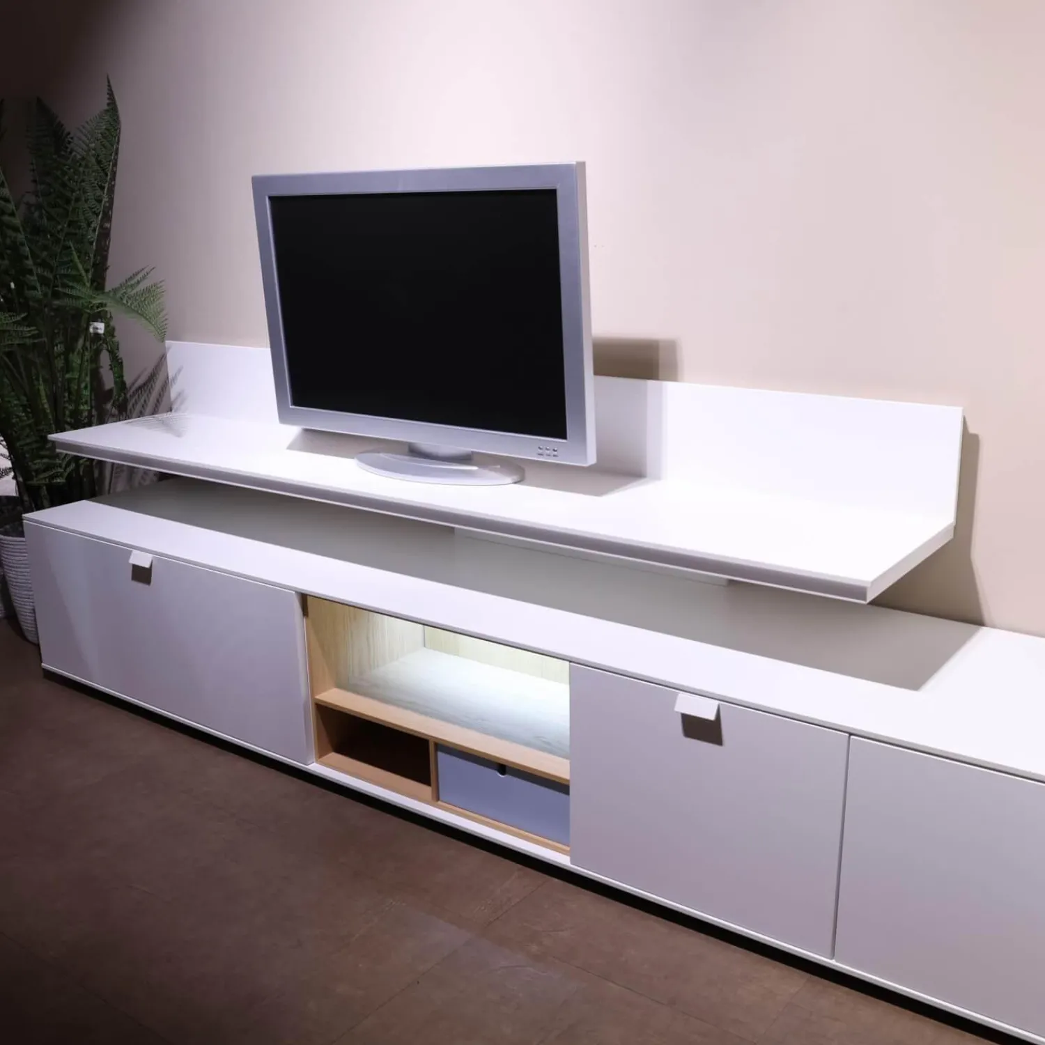 Global Wohnwände & Tv-Lowboards|Wohnwand Cordoba VZ 1060 Lack Weiß Nische Wildeiche Inklusive Beleuchtung