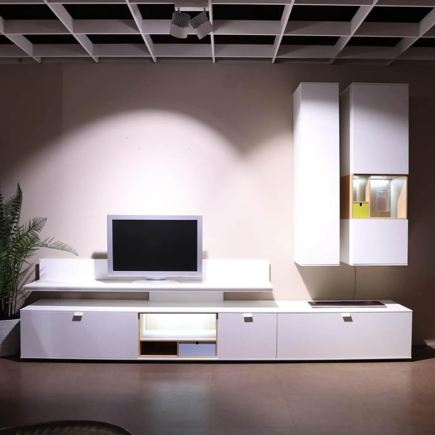 Global Wohnwände & Tv-Lowboards|Wohnwand Cordoba VZ 1060 Lack Weiß Nische Wildeiche Inklusive Beleuchtung