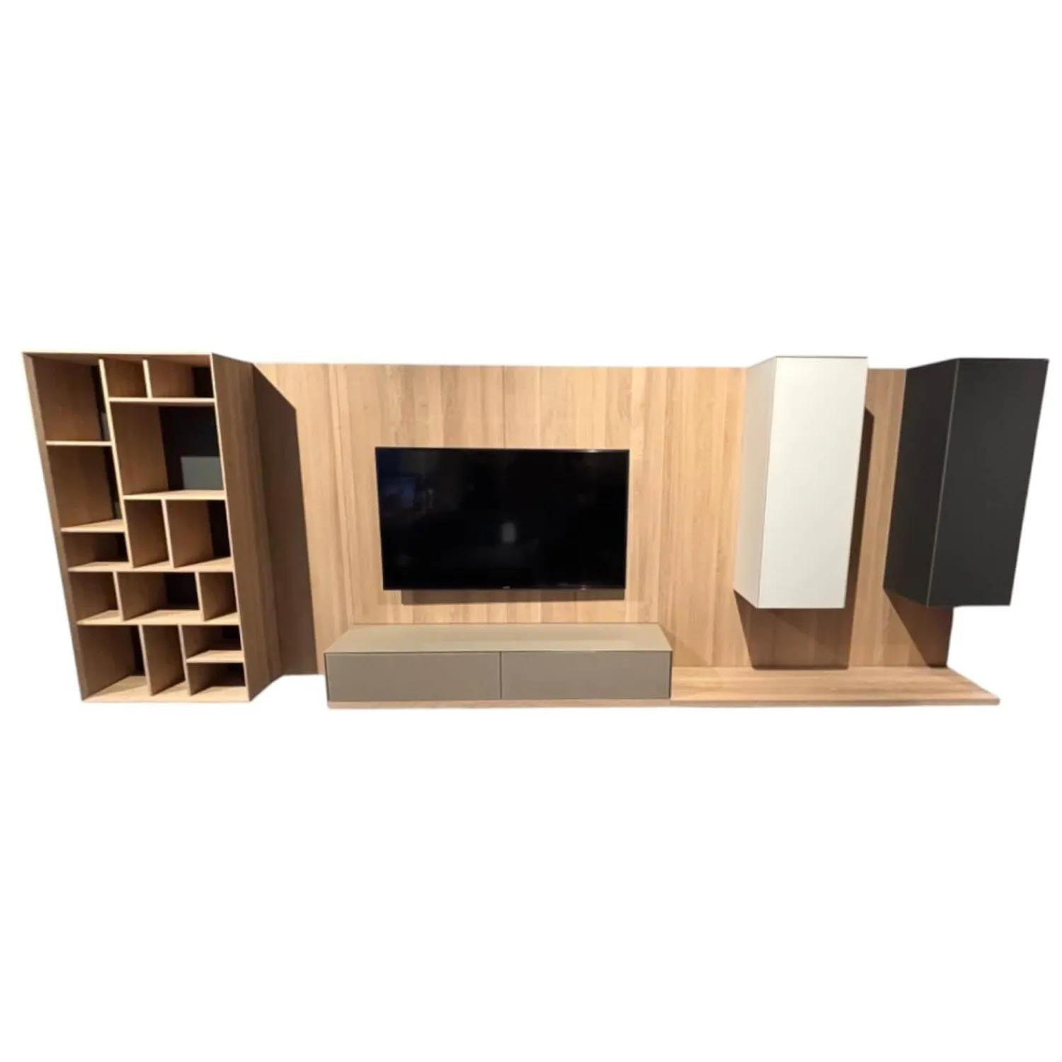 Team 7 Wohnwände & Tv-Lowboards|Wohnwand Cubus Pure 32 Eiche Weiß Geölt Farbglas In Naturweiß Kiesel Grau Und Graphitgrau Mit Beleuchtung Und TV-Halteplatte