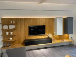 Team 7 Wohnwände & Tv-Lowboards|Wohnwand Cubus Pure Eiche Natur Geölt Hängeelemente Glas Weiß Mittelgrau Und Schwarz TV Element Stofffront Mit LED Beleuchtung