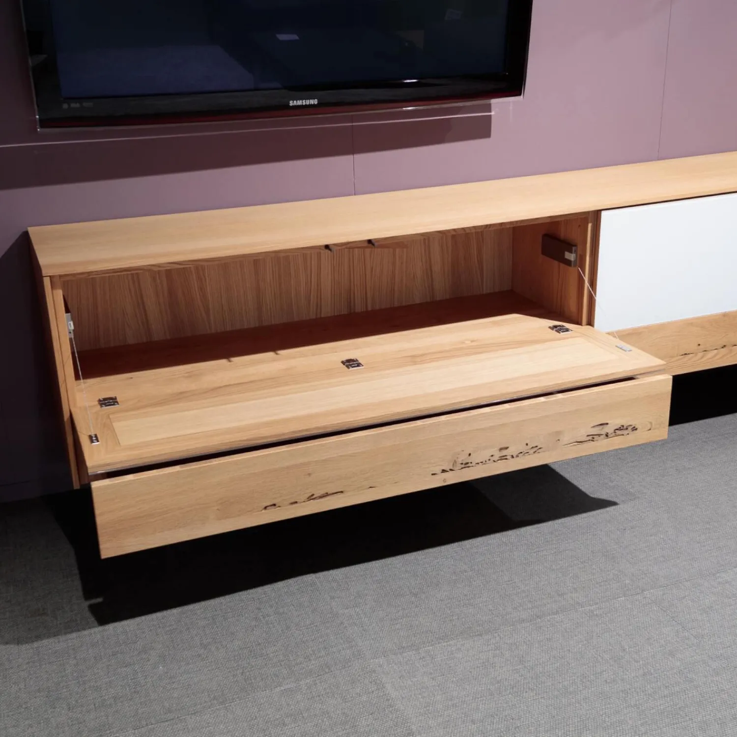 Team 7 Wohnwände & Tv-Lowboards|Wohnwand Eiche Natur Farbglas Weiß Matt Inklusive Beleuchtung Mit Fernbedienung