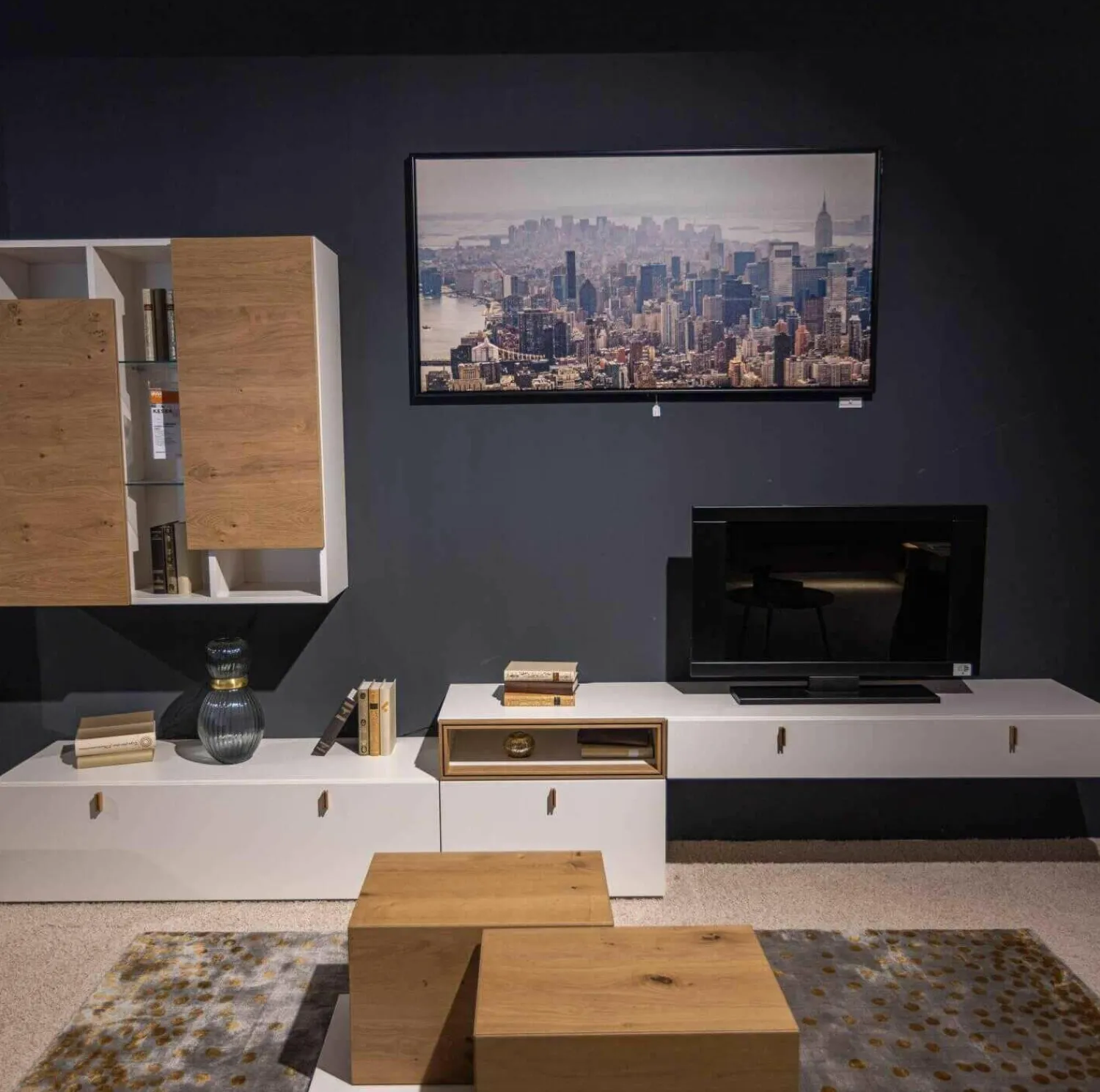 Global Wohnwände & Tv-Lowboards|Wohnwand Fablo Balkeneiche Bianco Weiß Matt mit Beleuchtung