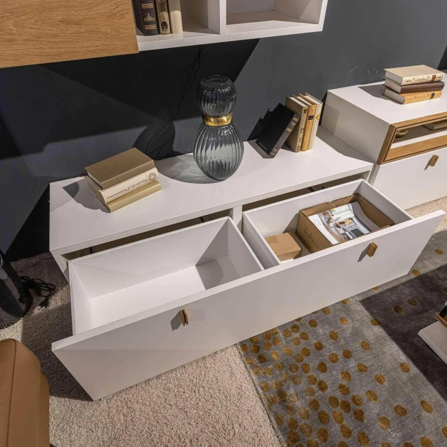 Global Wohnwände & Tv-Lowboards|Wohnwand Fablo Balkeneiche Bianco Weiß Matt mit Beleuchtung