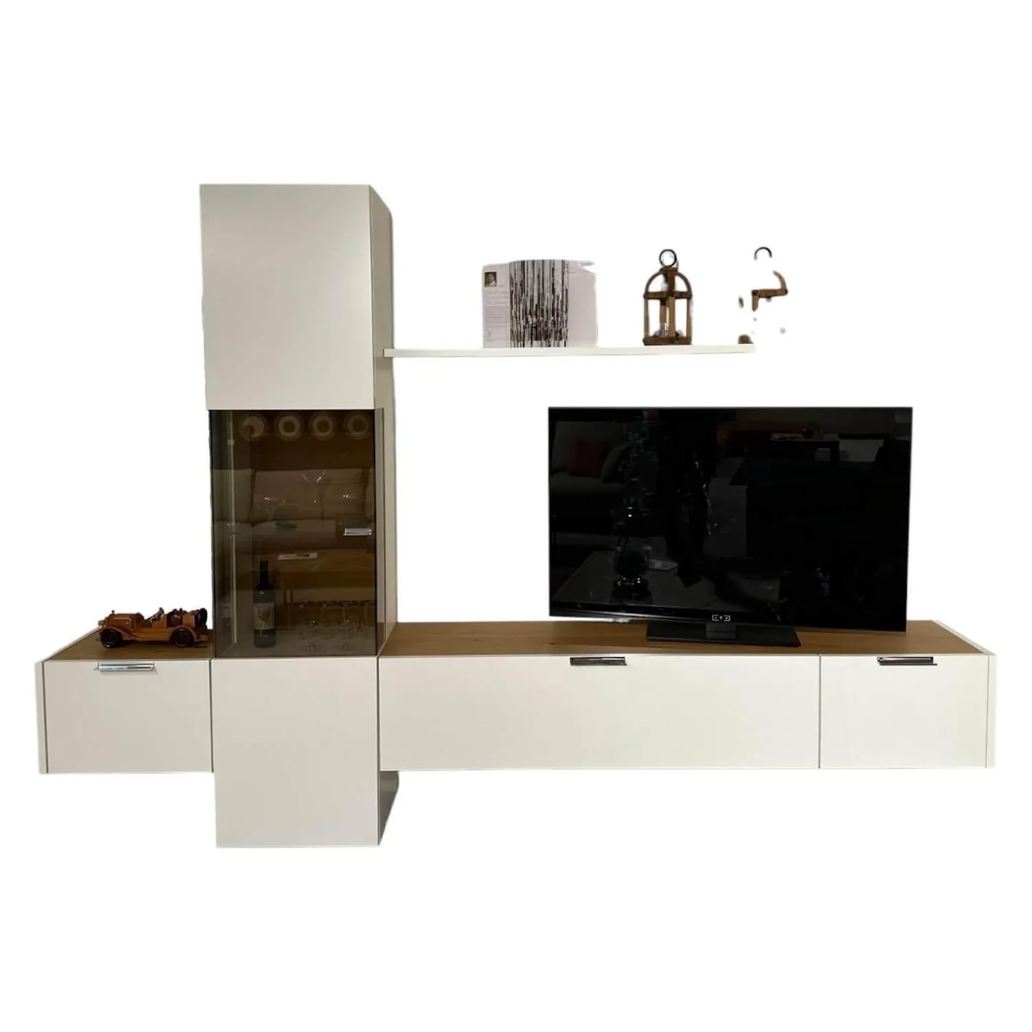 Hülsta Wohnwände & Tv-Lowboards|Wohnwand Fena Wohnen Lack Reinweiss Akzent Balkeneiche Mit Beleuchtung Und Funkfernbedienung