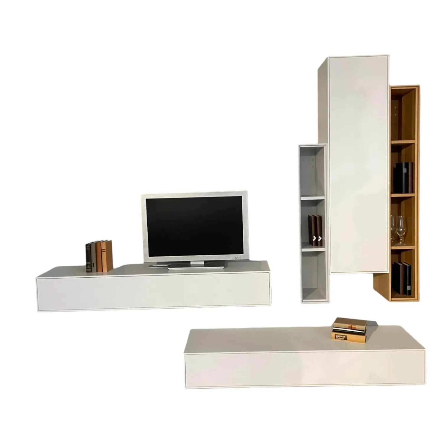 Sudbrock Wohnwände & Tv-Lowboards|Wohnwand Game Glattlack Verkehrsweiß Glattlack Steingrau Ethno Eiche