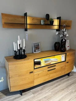 Musterring Wohnwände & Tv-Lowboards|Wohnwand Giulia Wildeiche Massiv Soft Gebürstet Gestell Metall Carbonfarbig Schwarz Mit Beleuchtung