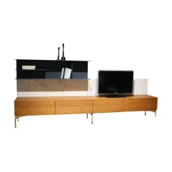 Presotto Wohnwände & Tv-Lowboards|Wohnwand I ModulART Lowbaord Nussbaum Canaletto Wandregal Blu Vinca Dunkelblau Rückwand Marmor Calacatta