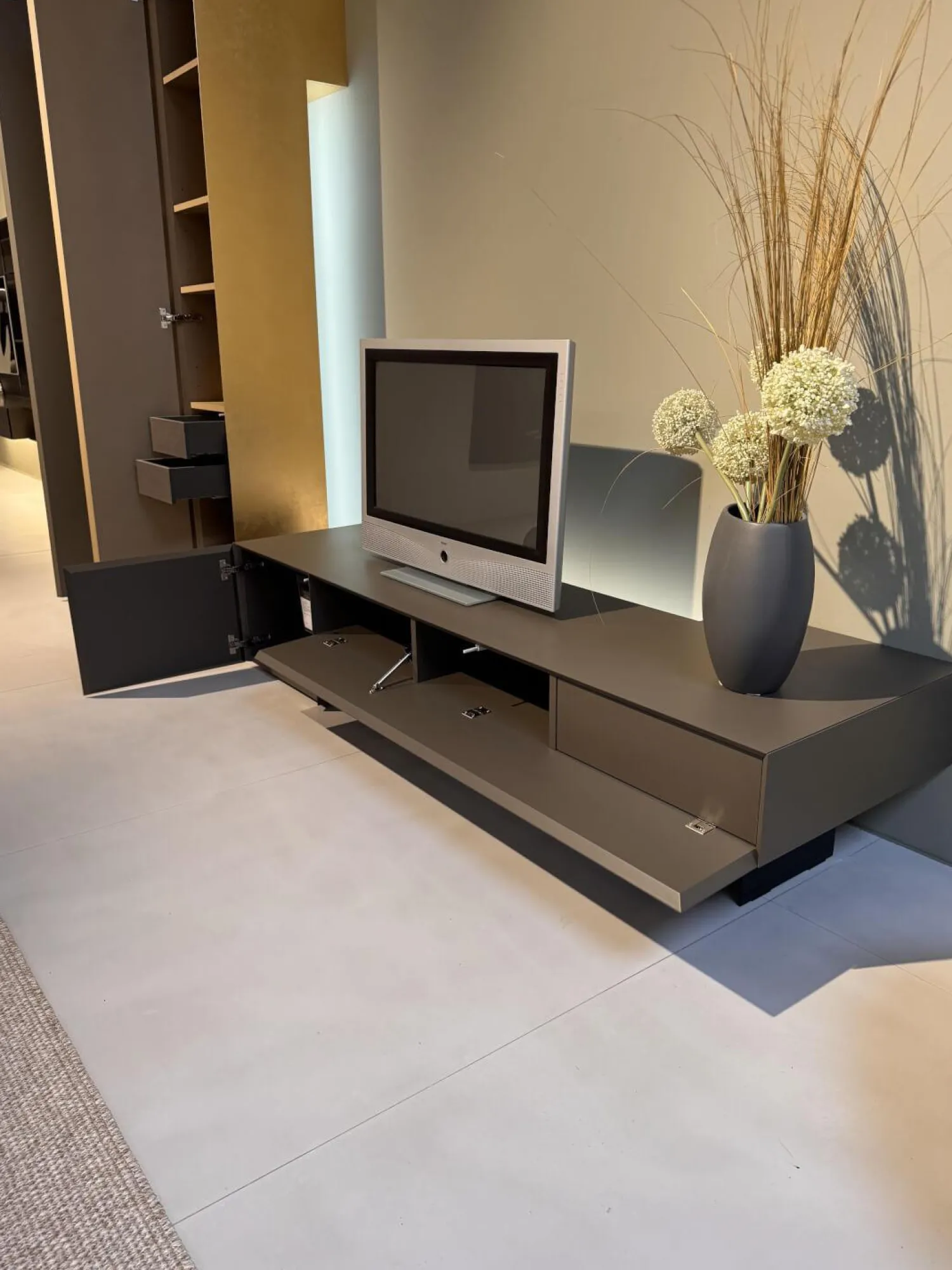 minottiitalia Wohnwände & Tv-Lowboards|Wohnwand Inpiedi Lack Interno Metall Gold Lack Coffee Braun Inklusive LED Beleuchtung