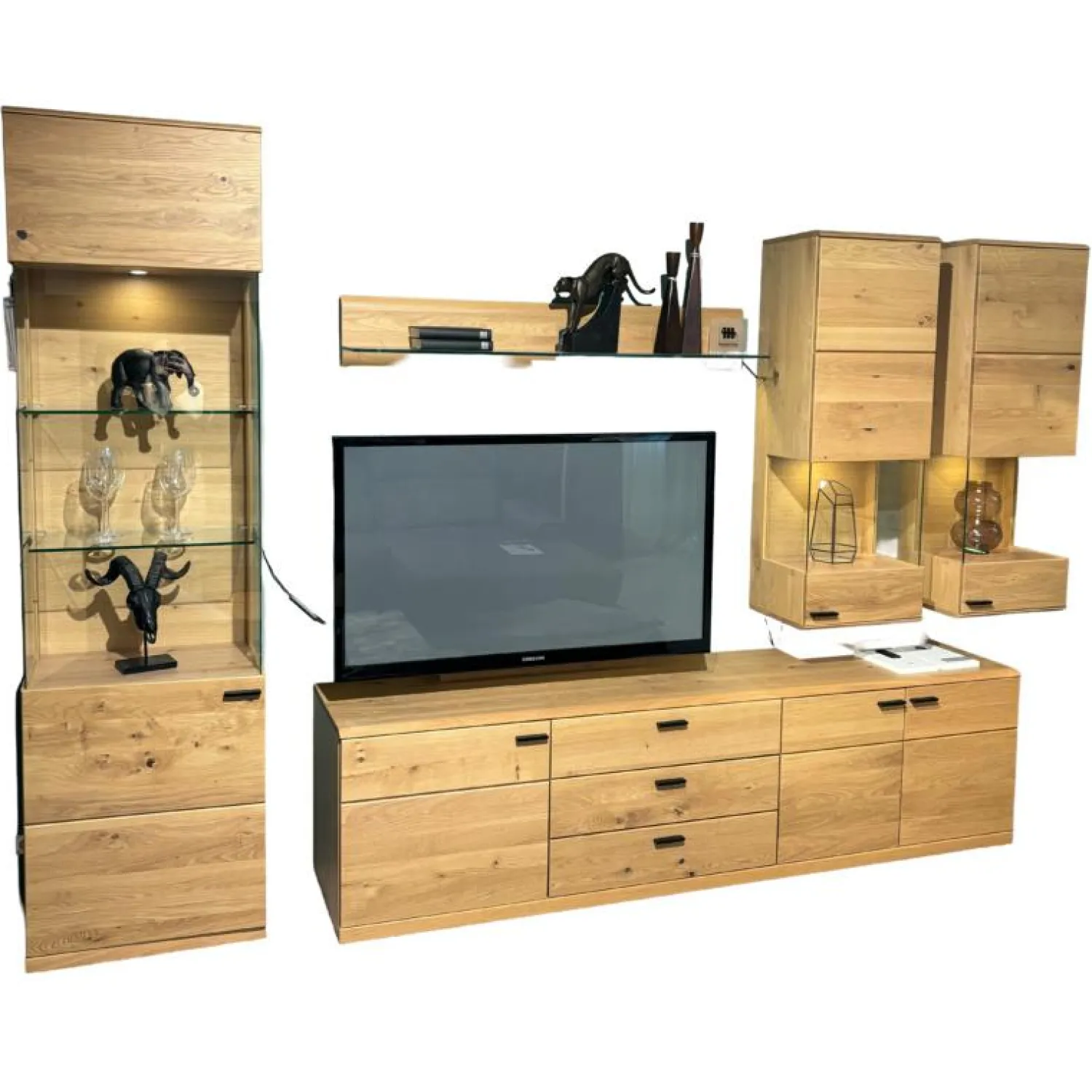 Musterring Wohnwände & Tv-Lowboards|Wohnwand Kanto Asteiche Massiv Griffe Lack J6 Schwarz Matt