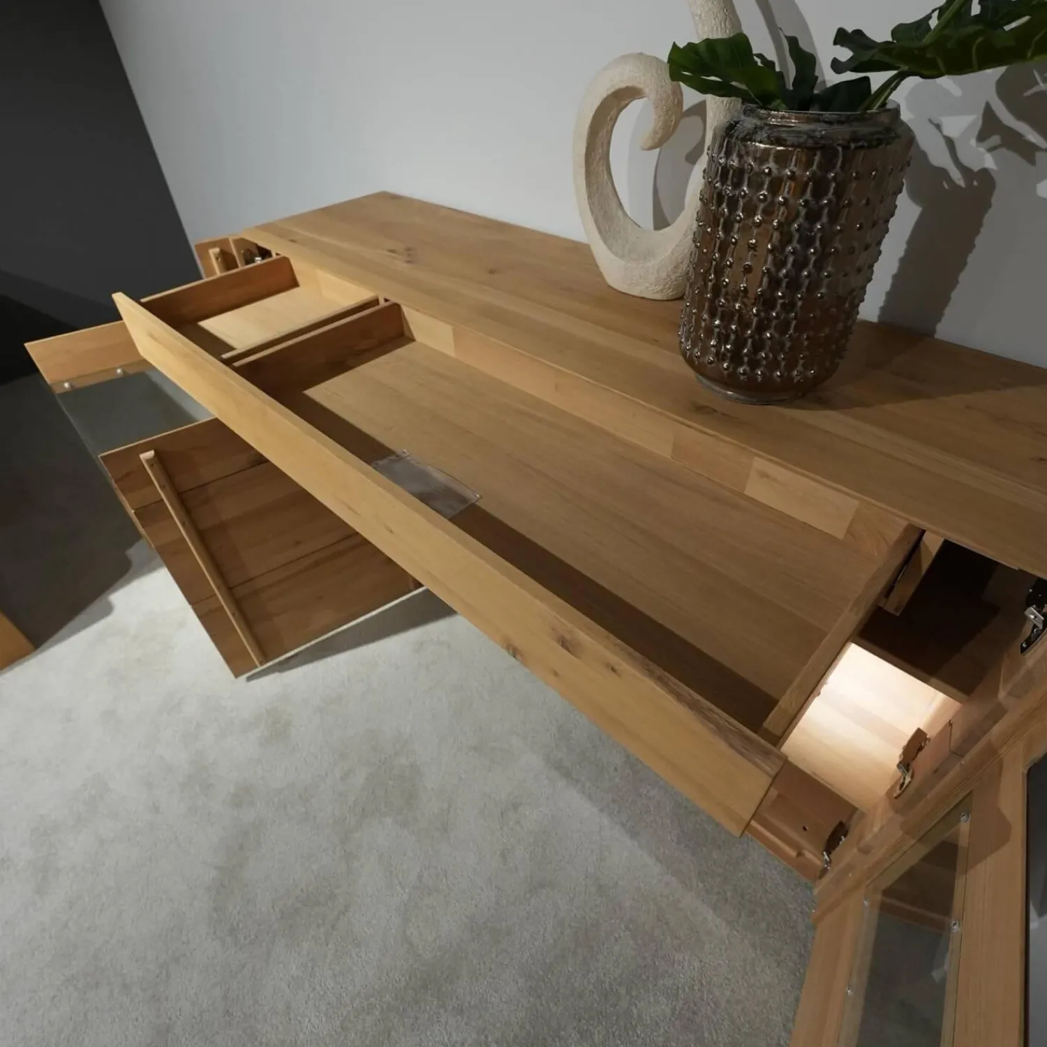 Decker Wohnwände & Tv-Lowboards|Wohnwand Lavaro Wildeiche Bianco Massiv Geölt Mit Sideboard Und Beleuchtung Ohne Fernseher