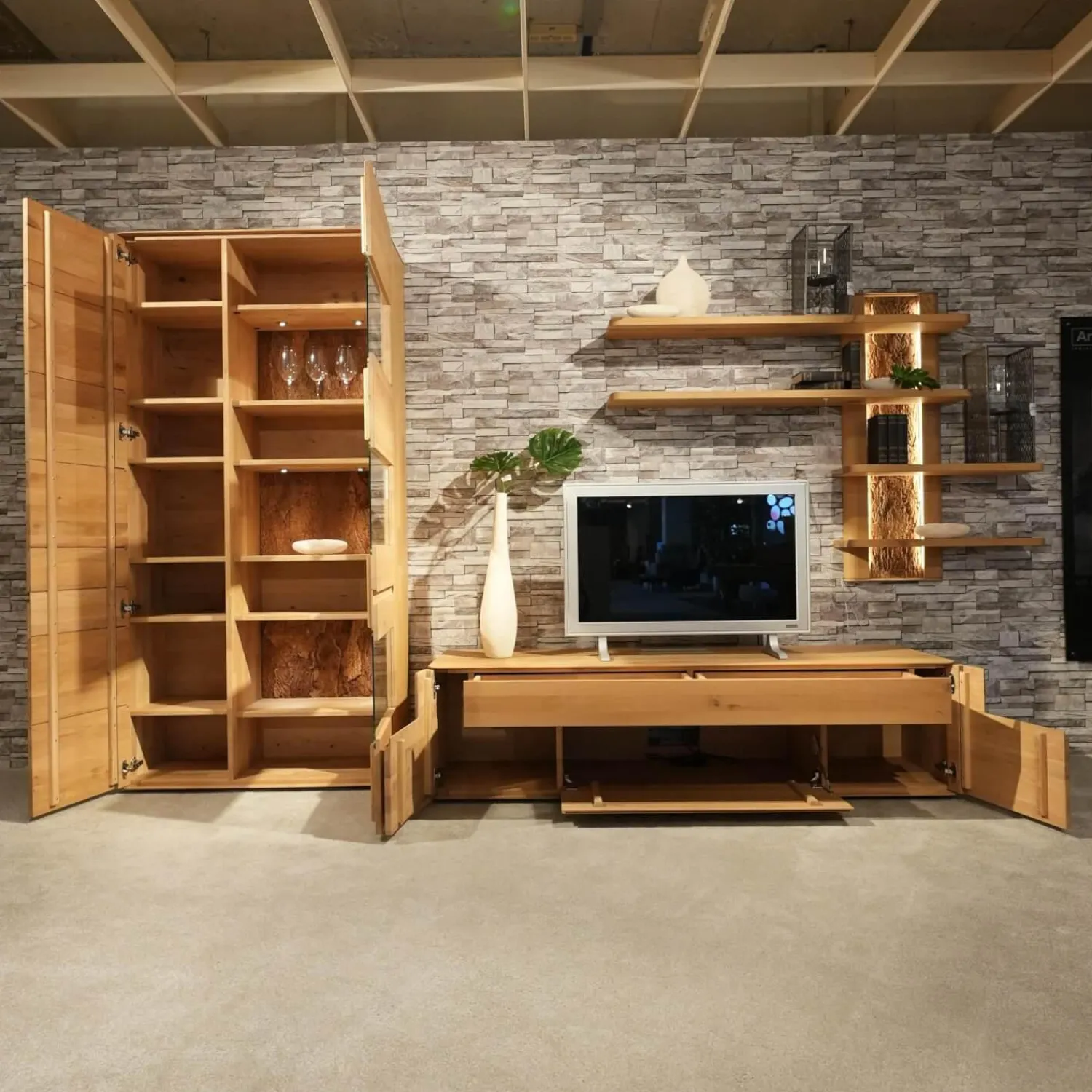 Decker Wohnwände & Tv-Lowboards|Wohnwand Lavaro Wildeiche Bianco Massiv Geölt Mit Sideboard Und Beleuchtung Ohne Fernseher