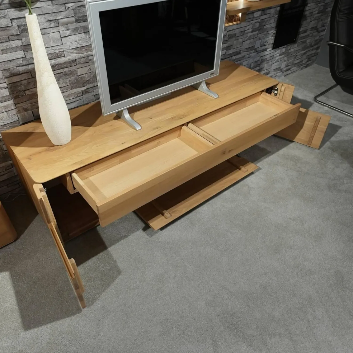 Decker Wohnwände & Tv-Lowboards|Wohnwand Lavaro Wildeiche Bianco Massiv Geölt Mit Sideboard Und Beleuchtung Ohne Fernseher