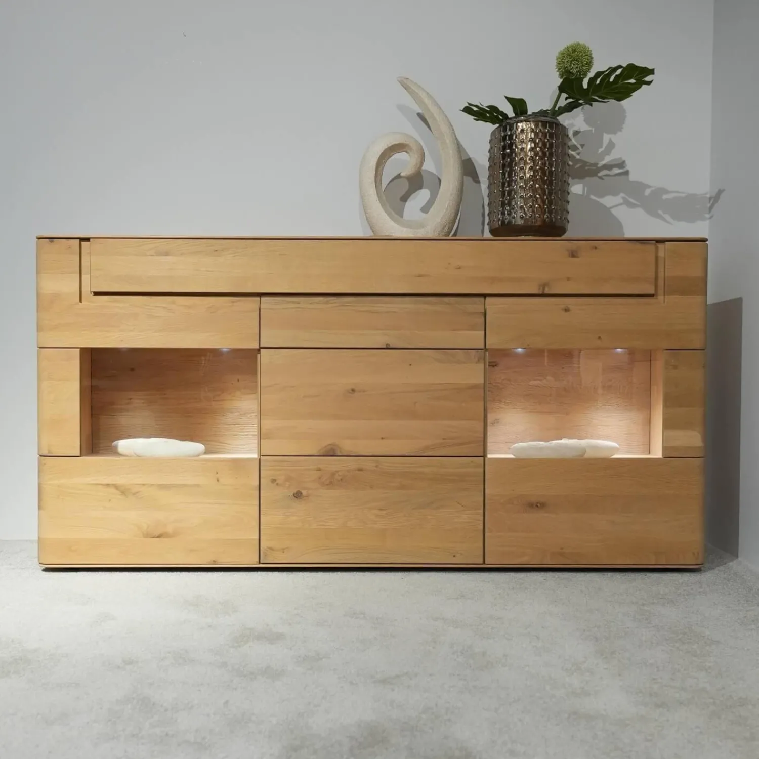 Decker Wohnwände & Tv-Lowboards|Wohnwand Lavaro Wildeiche Bianco Massiv Geölt Mit Sideboard Und Beleuchtung Ohne Fernseher