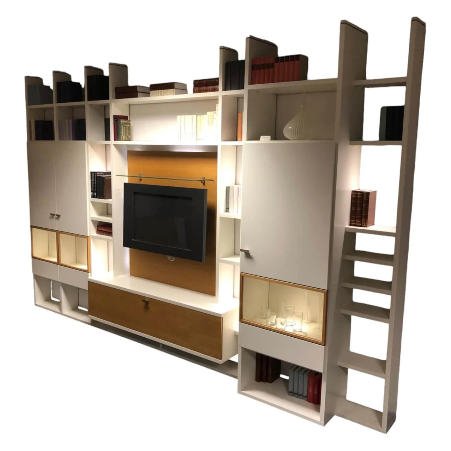 IRO Wohnwände & Tv-Lowboards|Wohnwand Leto Lack Weiß Wildeiche Furniert mit Beleuchtung