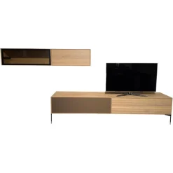 Anrei Wohnwände & Tv-Lowboards|Wohnwand Lina Asteiche Gebürstet Weiß Geölt Akzente Glas Bronze Matt Metallgestell Schwarz Inklusive LED Beleuchtung