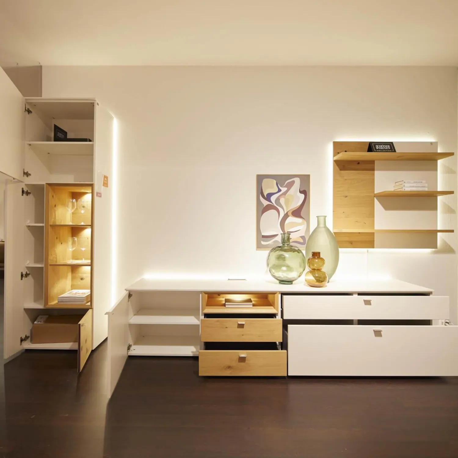 Schöner Wohnen-Kollektion Wohnwände & Tv-Lowboards|Wohnwand Mino Lack Kristallweiß Matt Akzente Wildeiche Hell Soft Gebürstet Geölt Inklusive Beleuchtung Und Kabeldurchlass