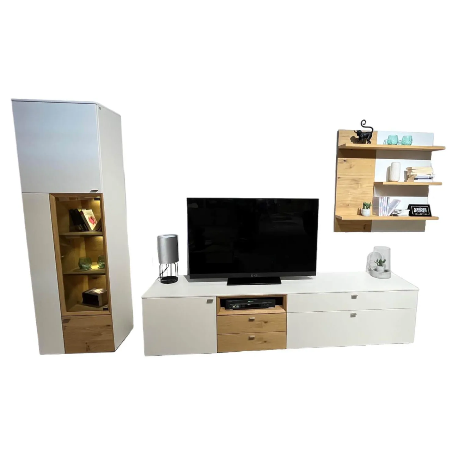 Schöner Wohnen-Kollektion Wohnwände & Tv-Lowboards|Wohnwand Mino Lack Kristallweiß Matt Akzent Wildeiche Hell Soft Gebeizt Und Geölt inkl. Glastür Für Vitrine Parsolglas Mit LED-Beleuchtung