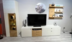 Schöner Wohnen-Kollektion Wohnwände & Tv-Lowboards|Wohnwand Mino Lack Kristallweiß Matt Akzent Wildeiche Hell Soft Gebeizt Und Geölt inkl. Glastür Für Vitrine Parsolglas Mit LED-Beleuchtung