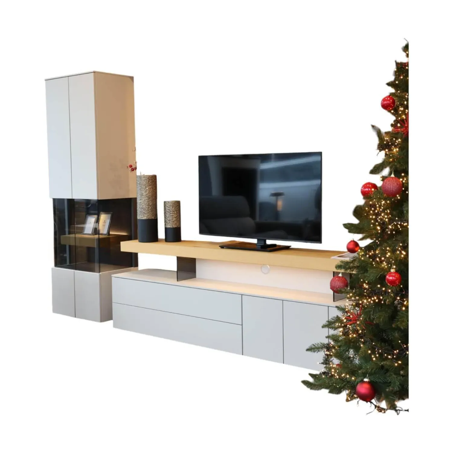 Loddenkemper Wohnwände & Tv-Lowboards|Wohnwand Minos Lack Kristallgrau Matt Absetzung Balkeneiche Mit Glaseinsatz Und LED Beleuchtung Ohne Dekoration