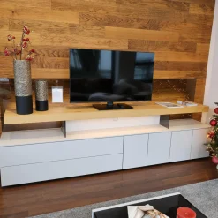 Loddenkemper Wohnwände & Tv-Lowboards|Wohnwand Minos Lack Kristallgrau Matt Absetzung Balkeneiche Mit Glaseinsatz Und LED Beleuchtung Ohne Dekoration