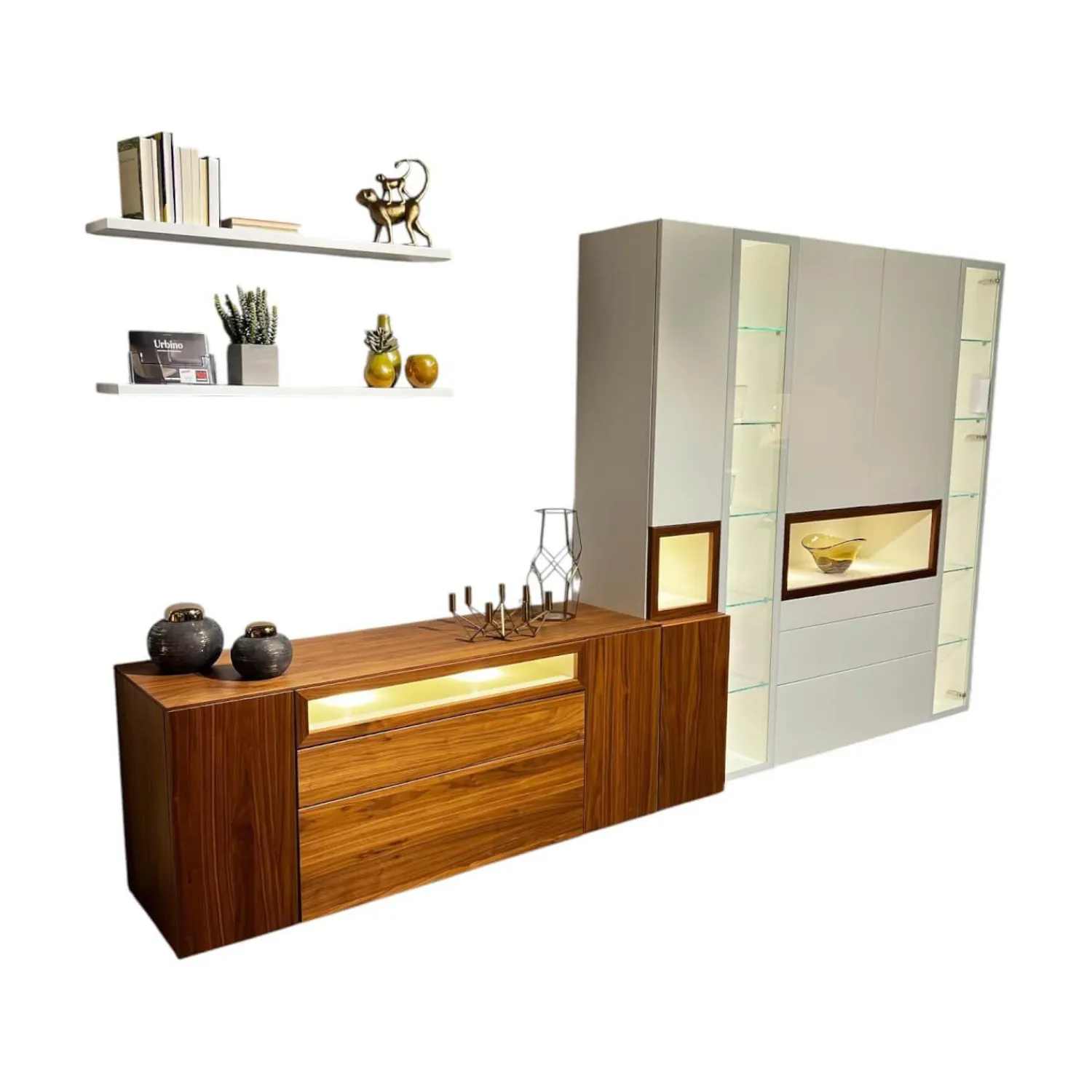 Hülsta Wohnwände & Tv-Lowboards|Wohnwand Neo Kernnussbaum Und Lack Reinweiss Mit Hinterlackiertem Glas Inklusive Beleuchtung