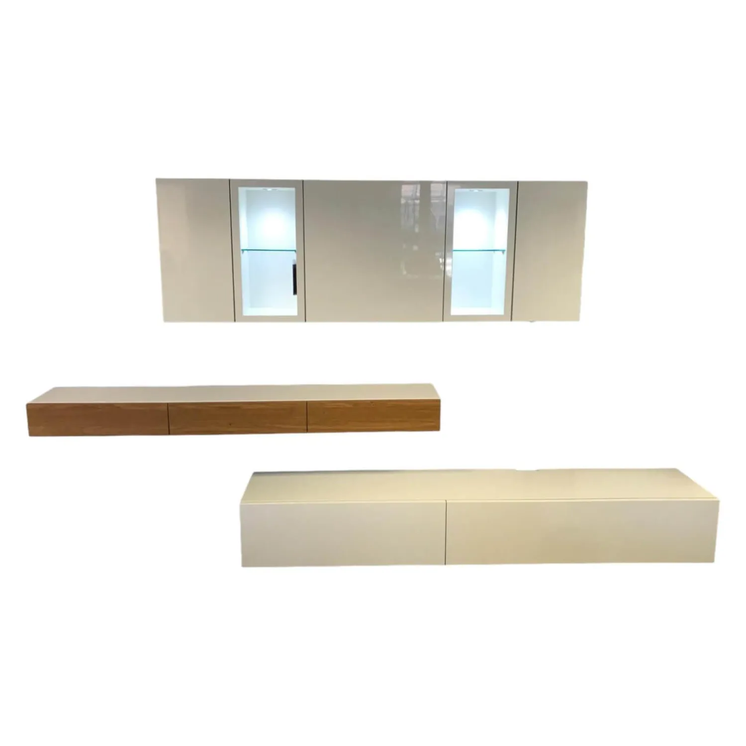 Hülsta Wohnwände & Tv-Lowboards|Wohnwand Neo Lack Weiß Front Hochglanzweiß Und Natureiche Grifflos Push To Open Beschlag Mit Beleuchtung