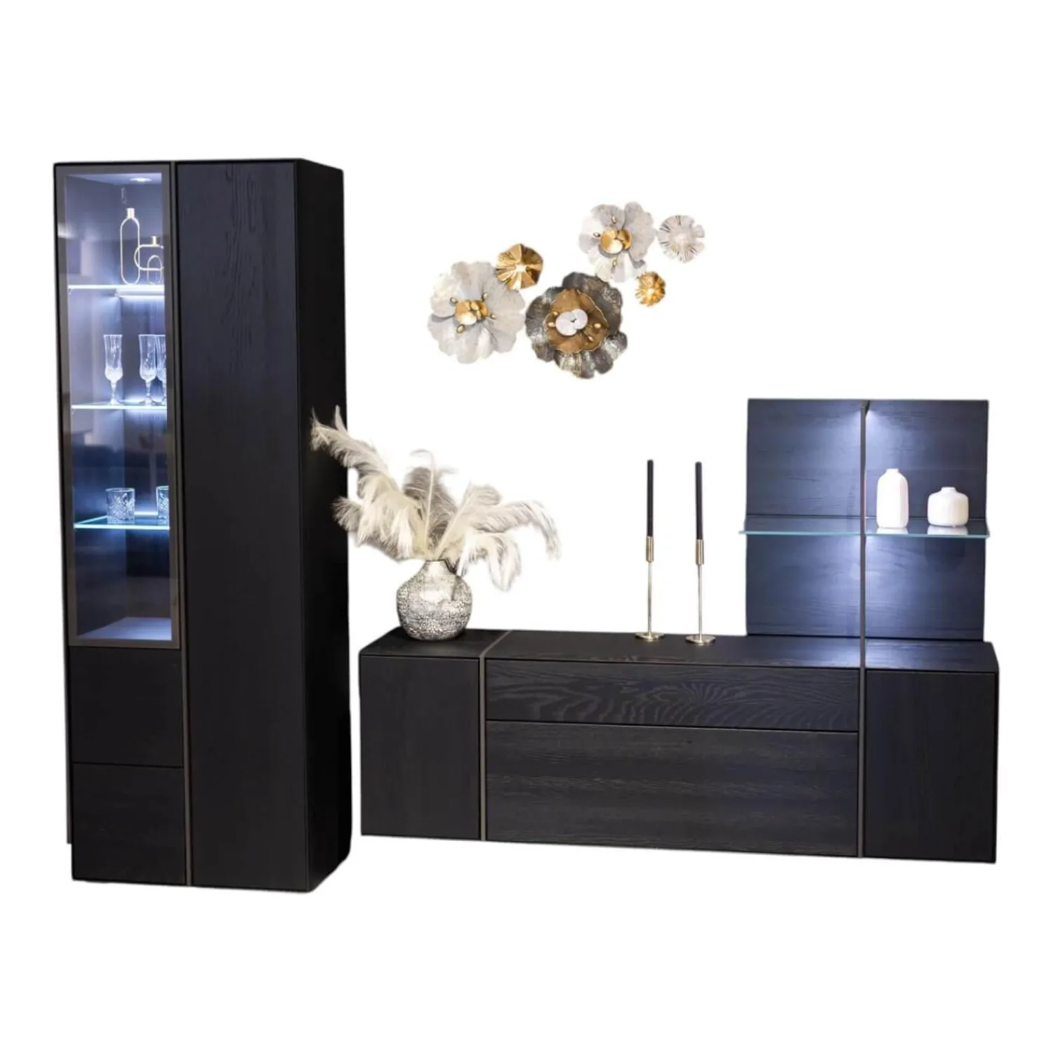 Hülsta Wohnwände & Tv-Lowboards|Wohnwand Persis Eiche Massiv Anthrazit Reliefglass Anthrazit Metallrahmen Edelstahl Mit Beleuchtung