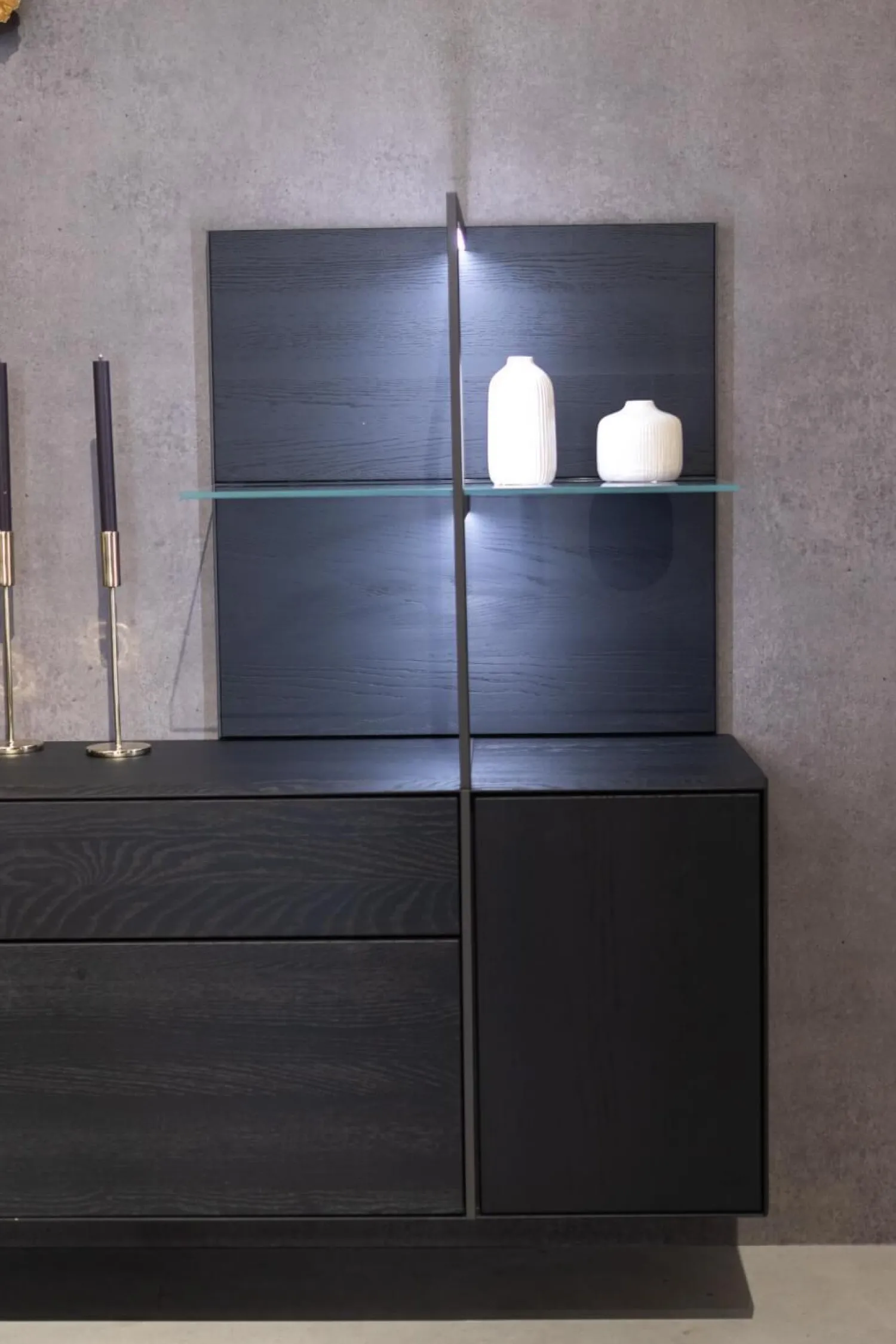 Hülsta Wohnwände & Tv-Lowboards|Wohnwand Persis Eiche Massiv Anthrazit Reliefglass Anthrazit Metallrahmen Edelstahl Mit Beleuchtung