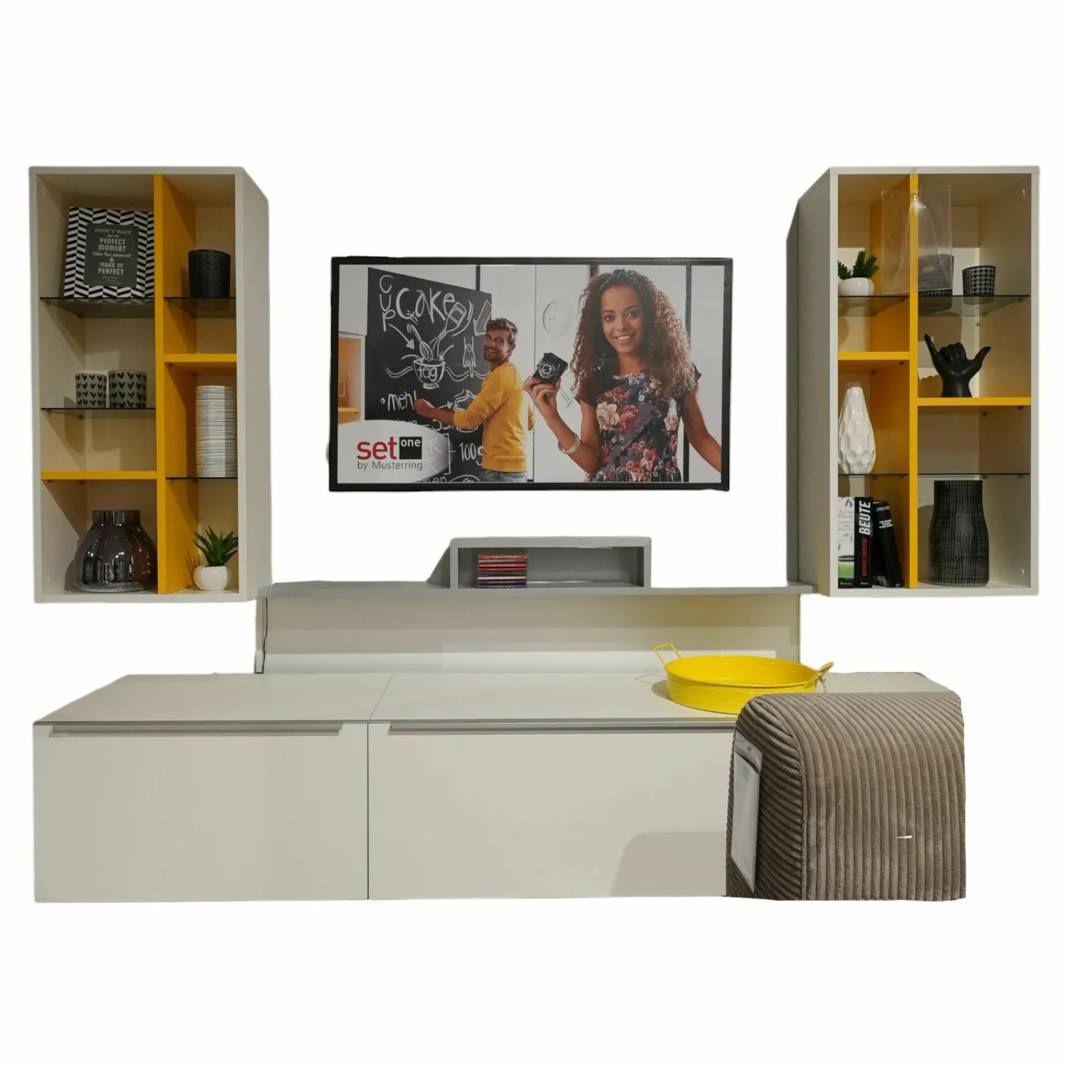 Musterring Wohnwände & Tv-Lowboards|Wohnwand Phoenix Holz Weiß Und Gelb Mit 2 Klappen Und Beleuchtungsset