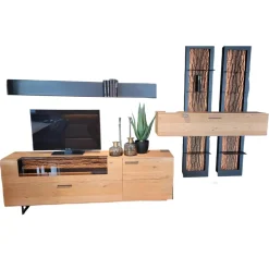 Hartmann Wohnwände & Tv-Lowboards|Wohnwand Runa Kerneiche Massiv Natur Gebürstet Applikation Rinde Metall Anthrazit Mit Beleuchtung