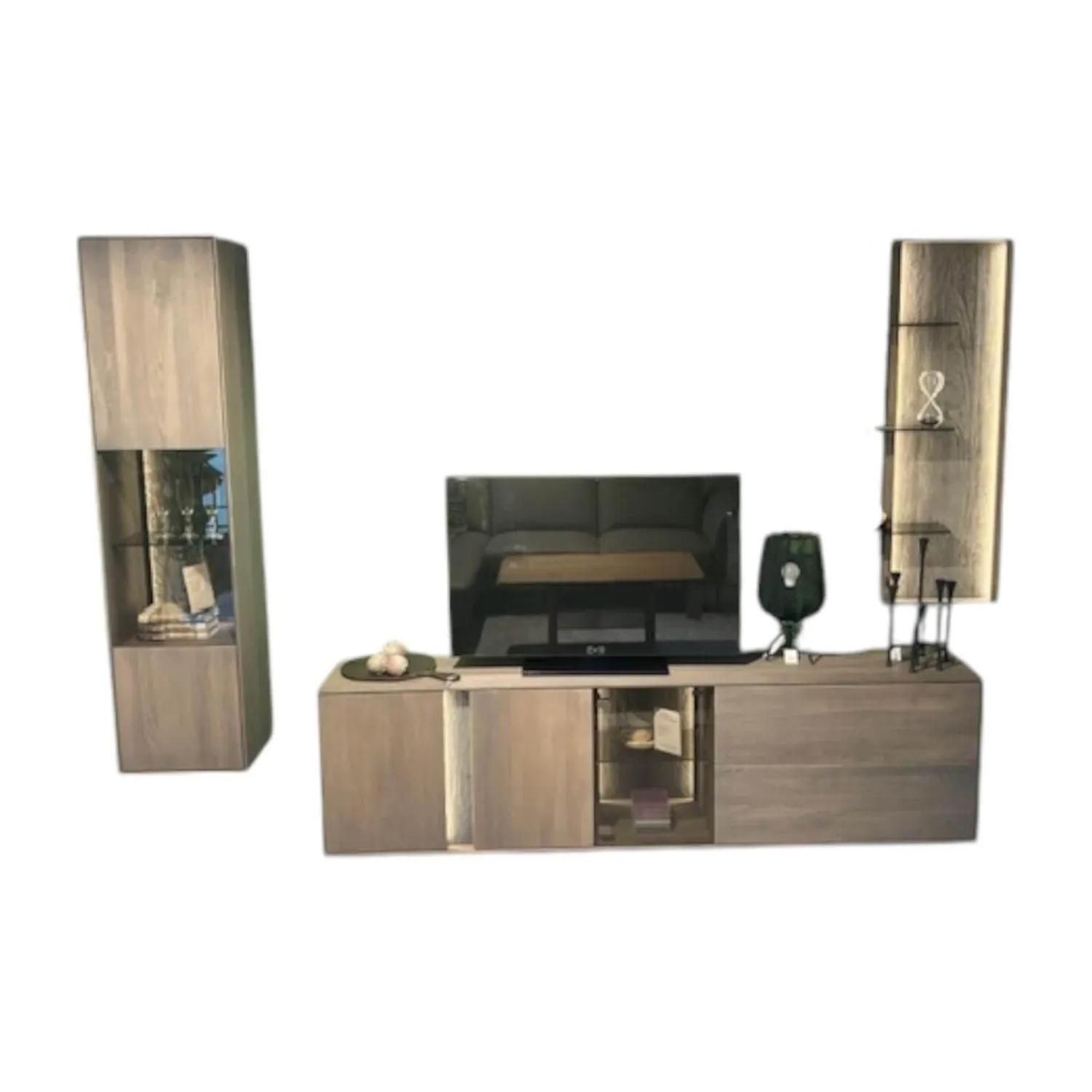 Natura Wohnwände & Tv-Lowboards|Wohnwand Saratoga Buche Massiv Geölt Silbergrau Grau Braun Inklusive Beleuchtung