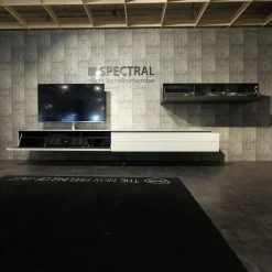 Spectral Smart Furniture Wohnwände & Tv-Lowboards|Wohnwand Scala Glasoberfläche Snow Weiß Satiniert Stofffront SF Silber Mit Soundsystem Und Beleuchtung