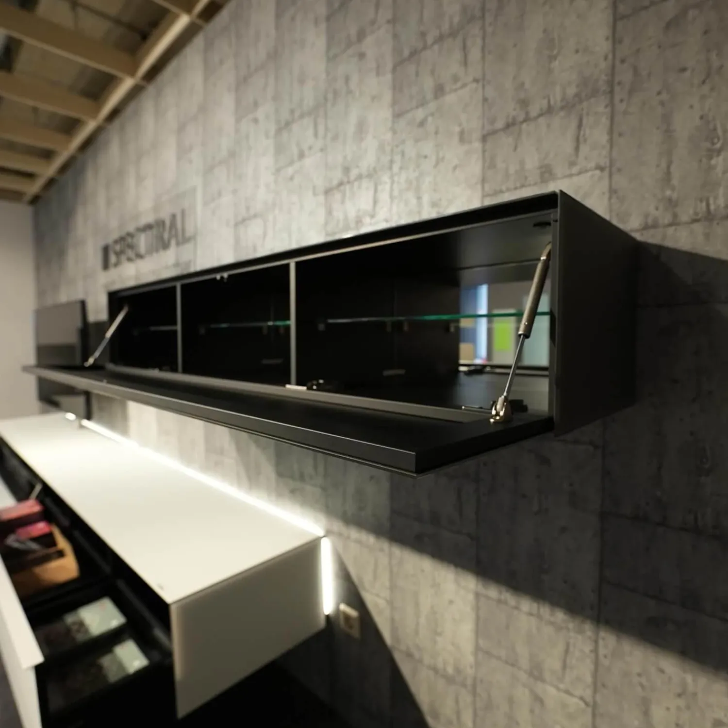 Spectral Smart Furniture Wohnwände & Tv-Lowboards|Wohnwand Scala Glasoberfläche Snow Weiß Satiniert Stofffront SF Silber Mit Soundsystem Und Beleuchtung