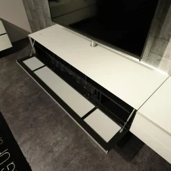 Spectral Smart Furniture Wohnwände & Tv-Lowboards|Wohnwand Scala Glasoberfläche Snow Weiß Satiniert Stofffront SF Silber Mit Soundsystem Und Beleuchtung