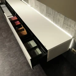 Spectral Smart Furniture Wohnwände & Tv-Lowboards|Wohnwand Scala Glasoberfläche Snow Weiß Satiniert Stofffront SF Silber Mit Soundsystem Und Beleuchtung